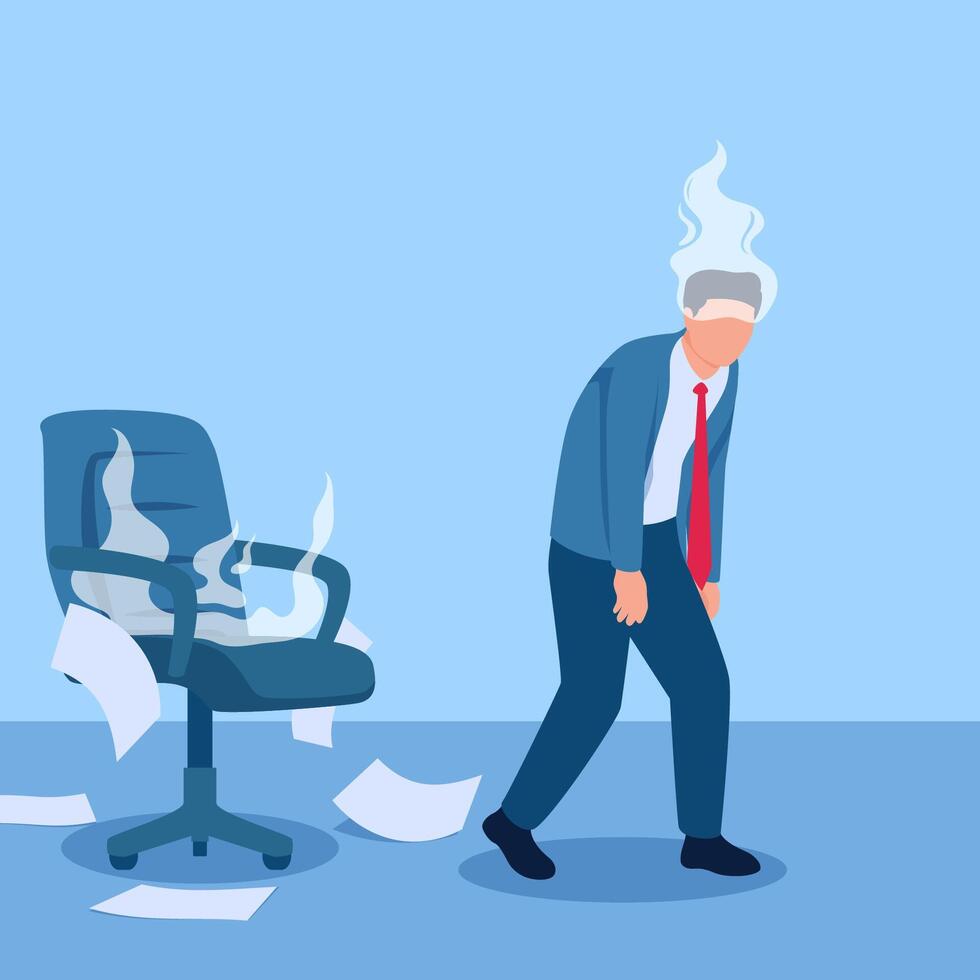 Man gets up from sitting with his body staggering, paper flying, illustration for fatigue. vector