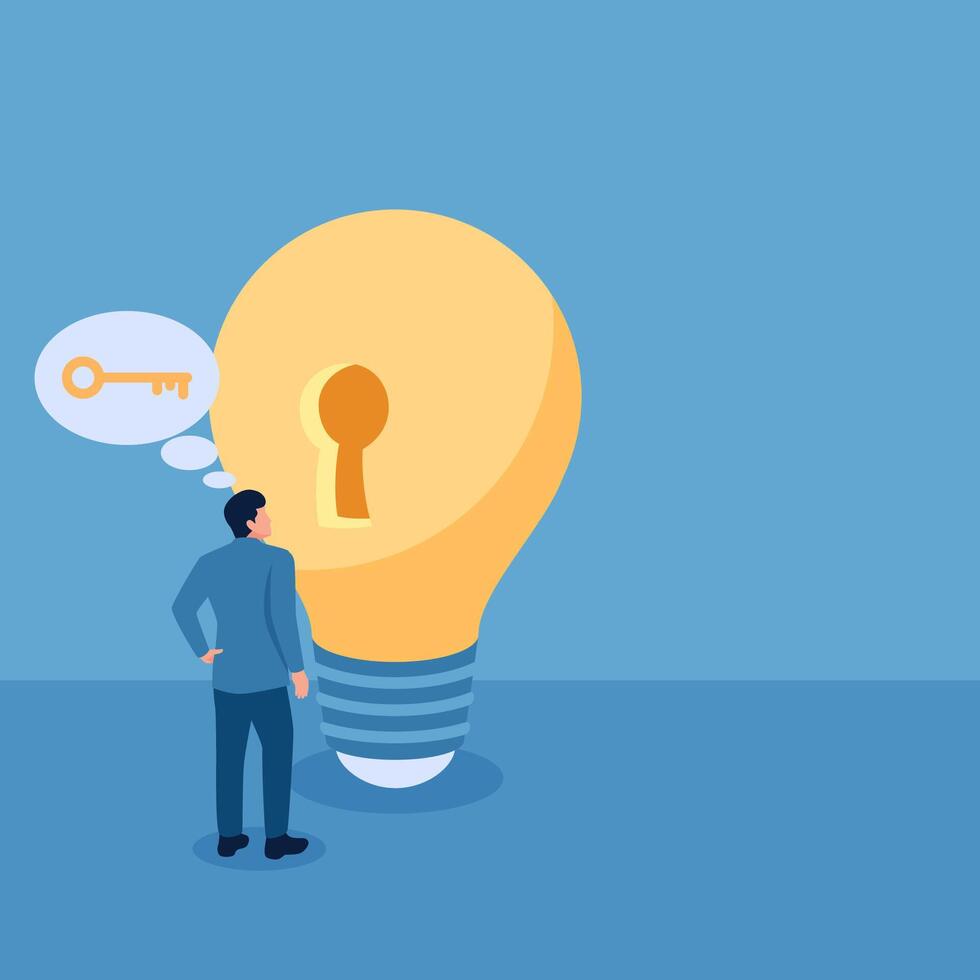 A man standing in front of an idea lamp forgot to bring his keys, illustration for lack of ideas. vector