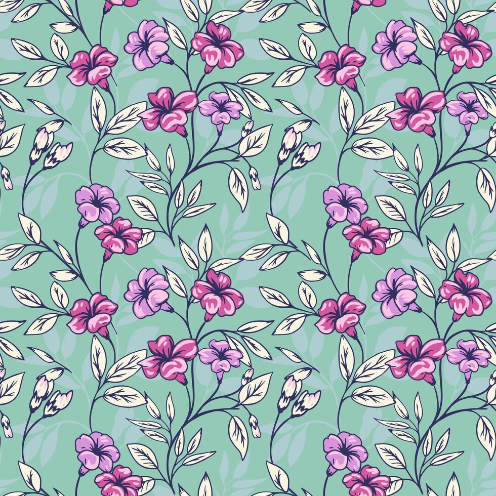 Blooming artistic abstract branches with ditsy flowers, leaves intertwined in a seamless pattern on a green background. hand drawn. Creative wild floral stems printing. Template for designs vector