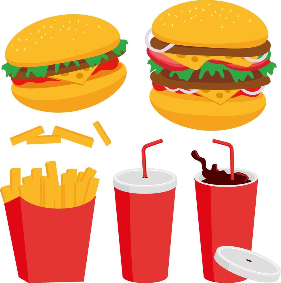 Fast food meal with hamburger, chips and soda. Cheese burger, fried potatoes and soft drink. Fast food collection. vector