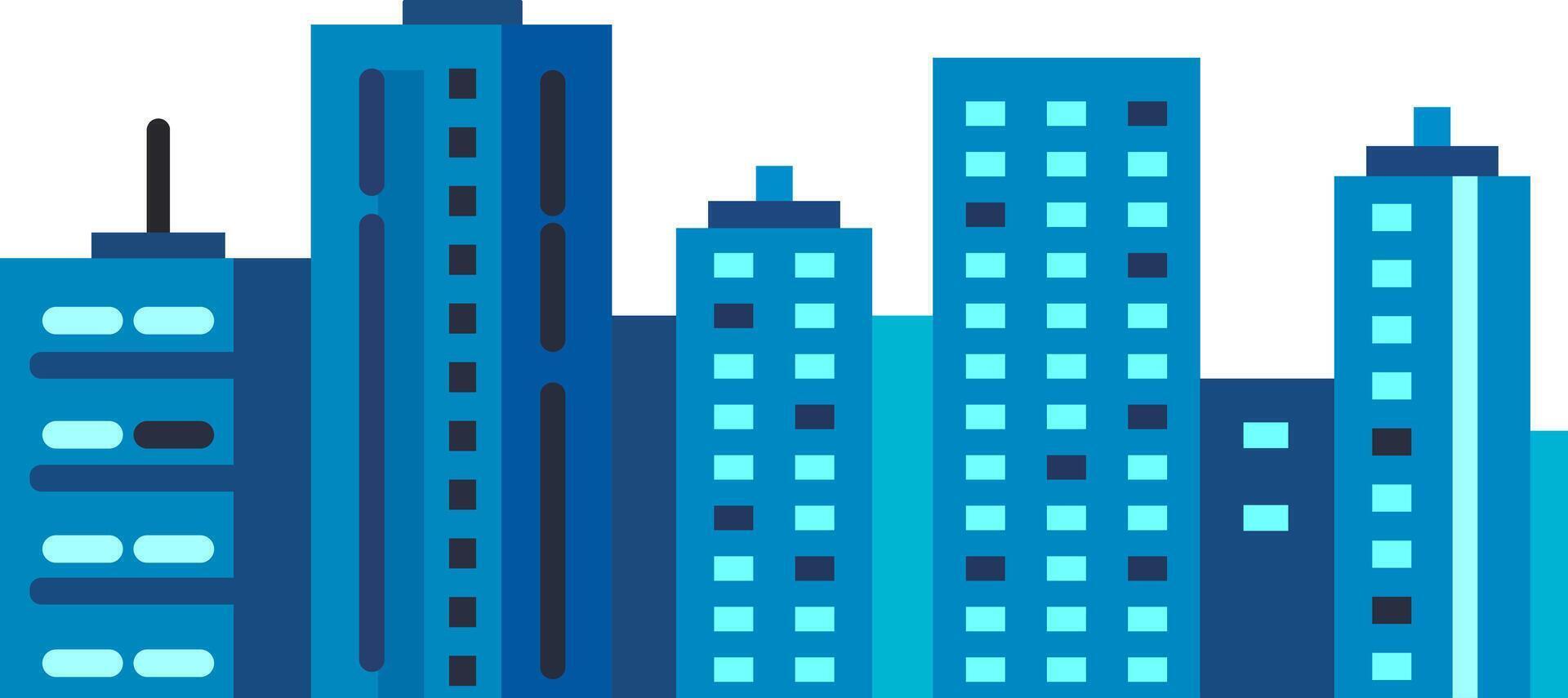 illustration of modern city skyline with various tall buildings in shades of blue. vector