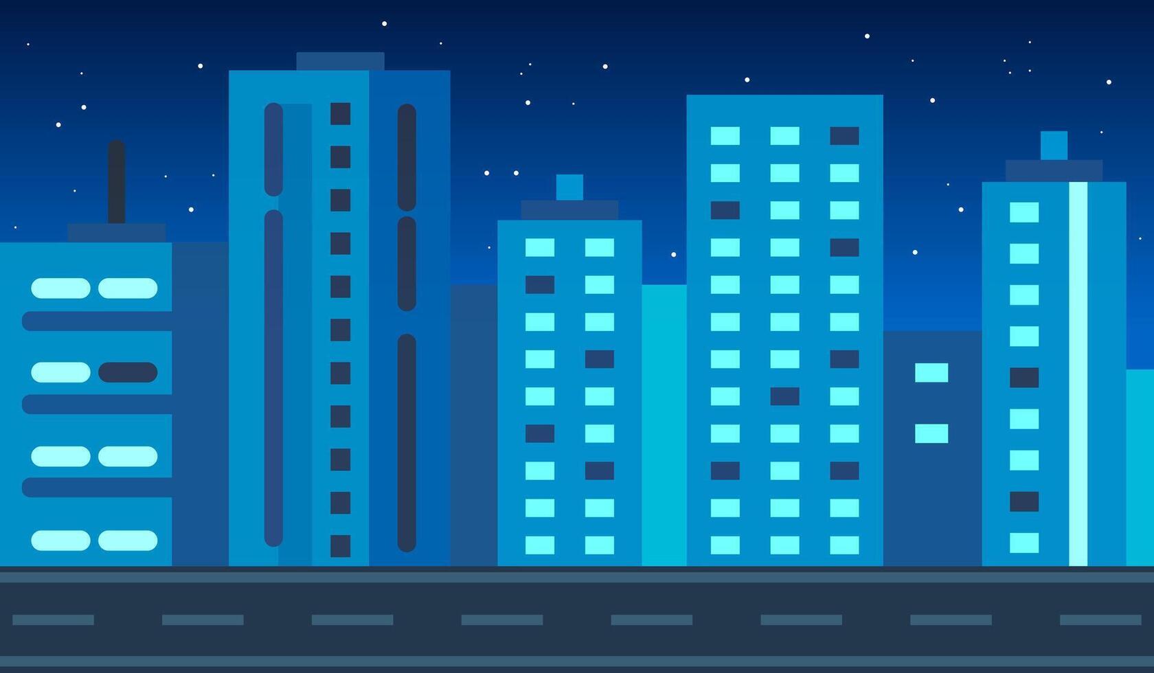 illustration of nighttime cityscape with tall buildings and starry sky in background. vector