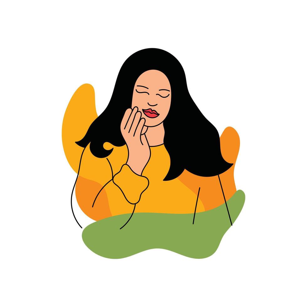 Sad and unhappy young european woman casually suffers from pain and presses her hand to her cheek vector