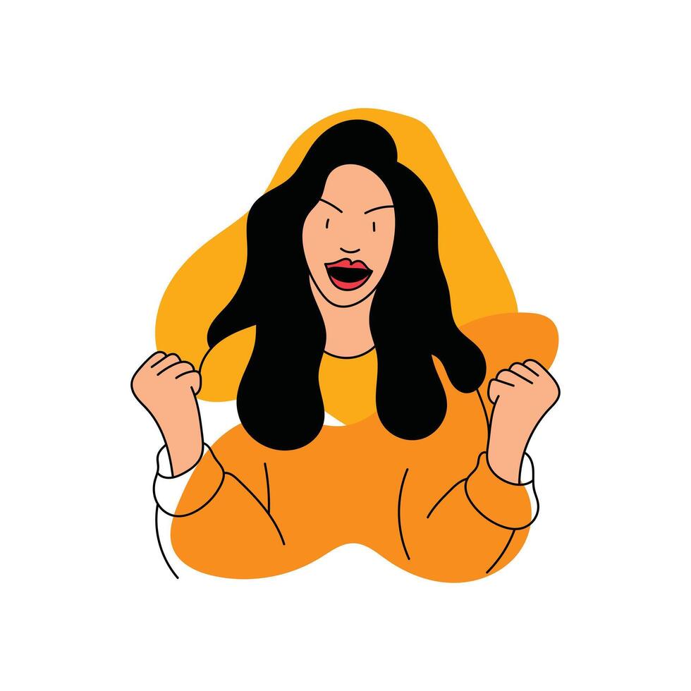 Cheerful young European woman casually with open mouth rejoicing over victory, making gesture of successful deal vector