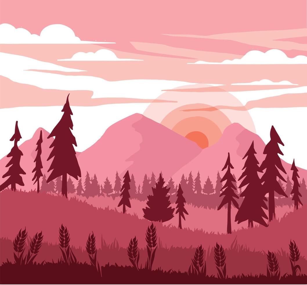 Pink Retro sunset in a forest with coniferous trees. linear illustration colored vector