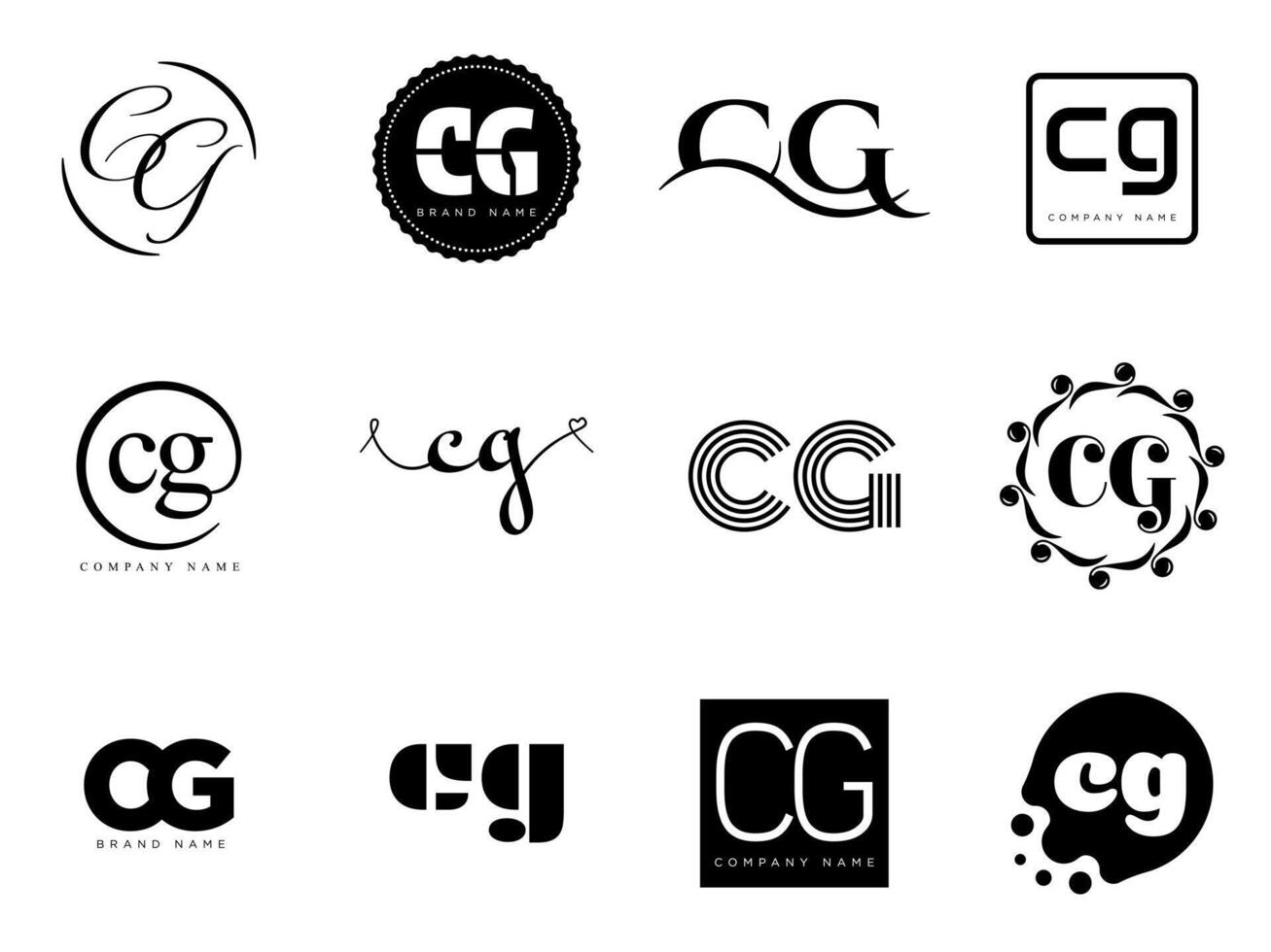 CG logo company template. Letter c and g logotype. Set different classic serif lettering and modern bold text with design elements. Initial font typography. vector