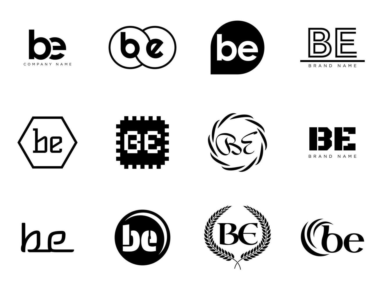 BE logo company template. Letter b and e logotype. Set different classic serif lettering and modern bold text with design elements. Initial font typography. vector
