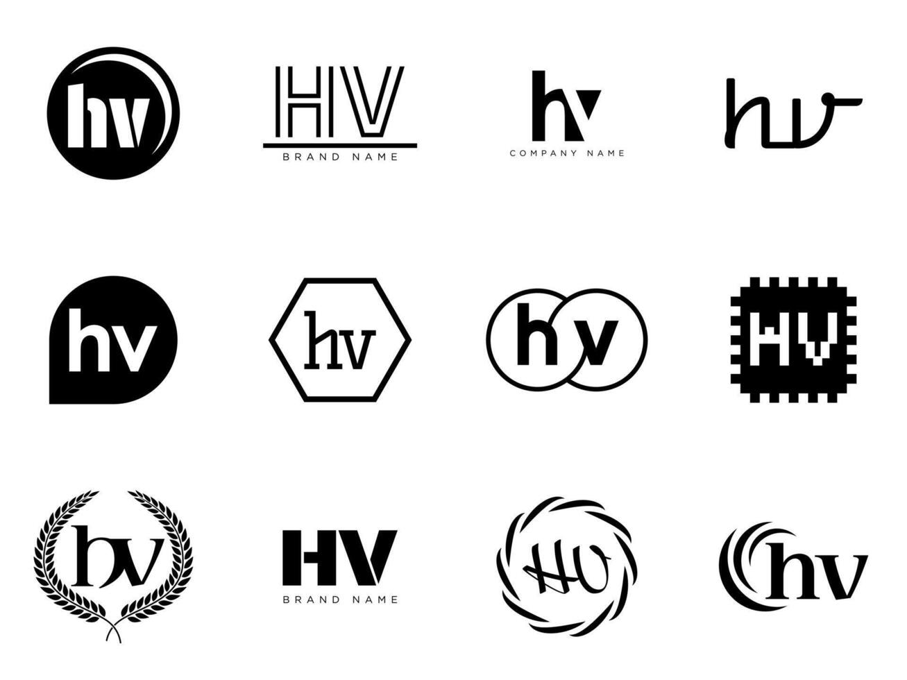 HV logo company template. Letter h and v logotype. Set different classic serif lettering and modern bold text with design elements. Initial font typography. vector