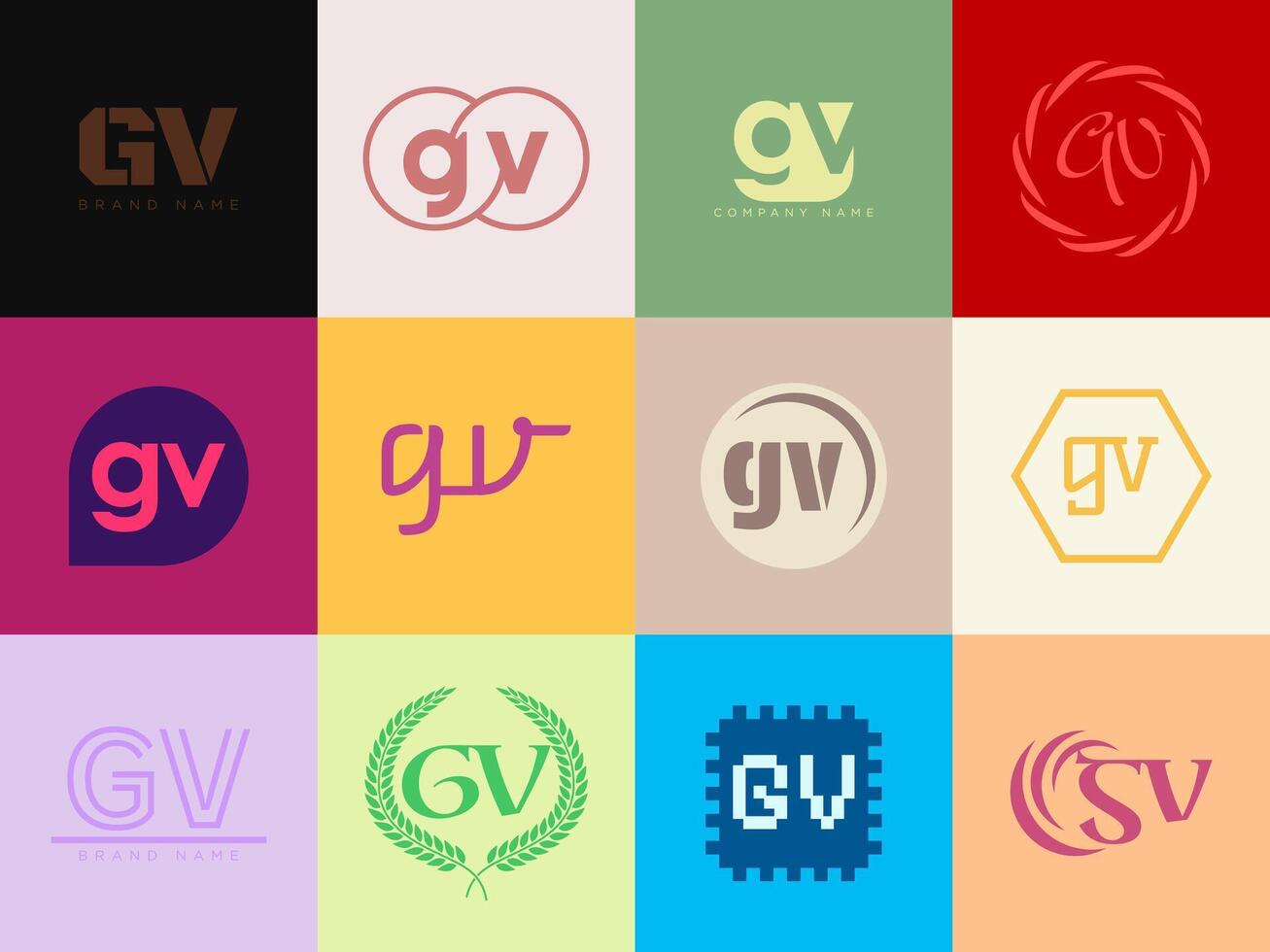 GV logo company template. Letter g and v logotype. Set different classic serif lettering and modern bold text with design elements. Initial font typography. vector