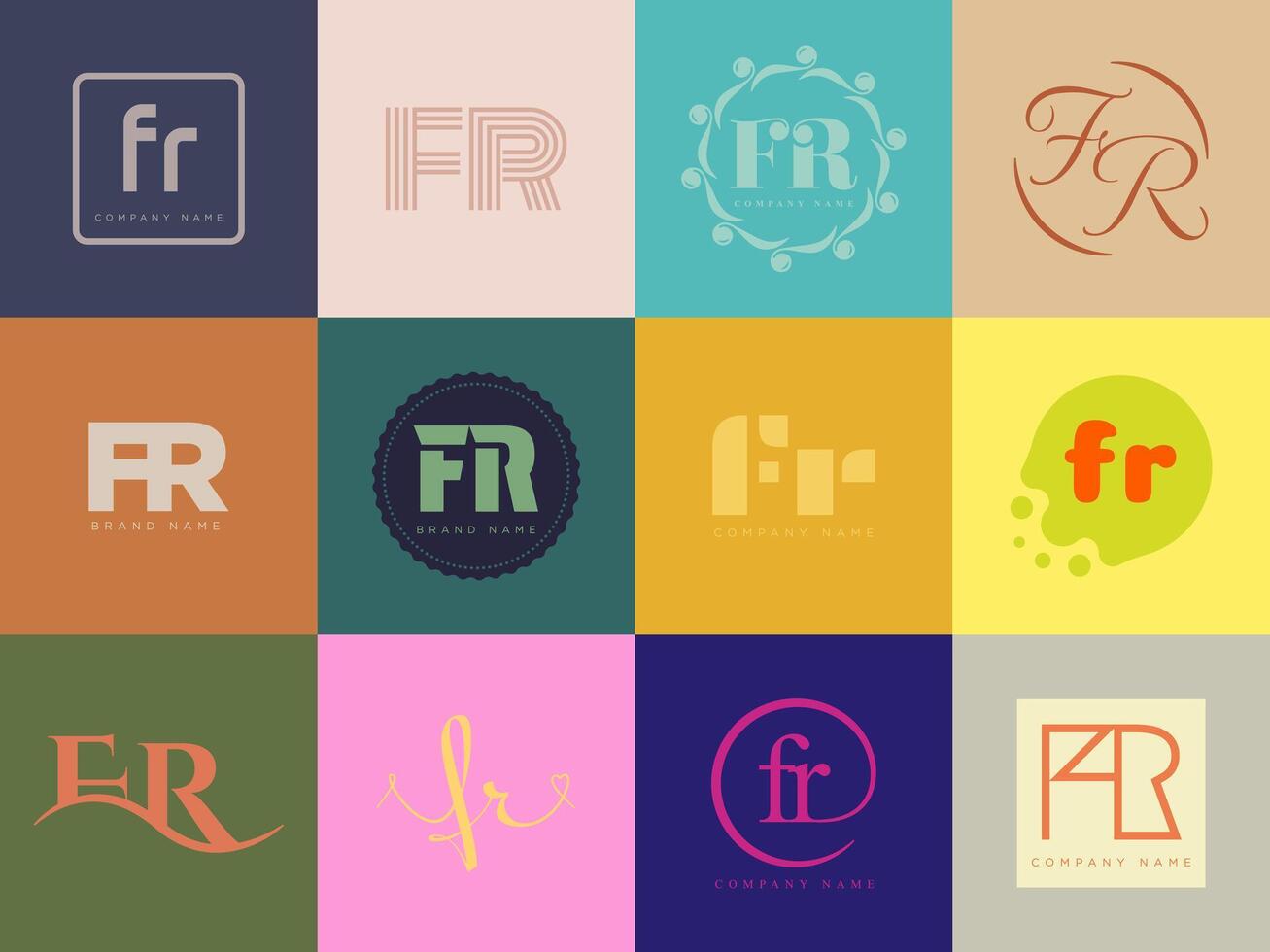 FR logo company template. Letter f and r logotype. Set different classic serif lettering and modern bold text with design elements. Initial font typography. vector
