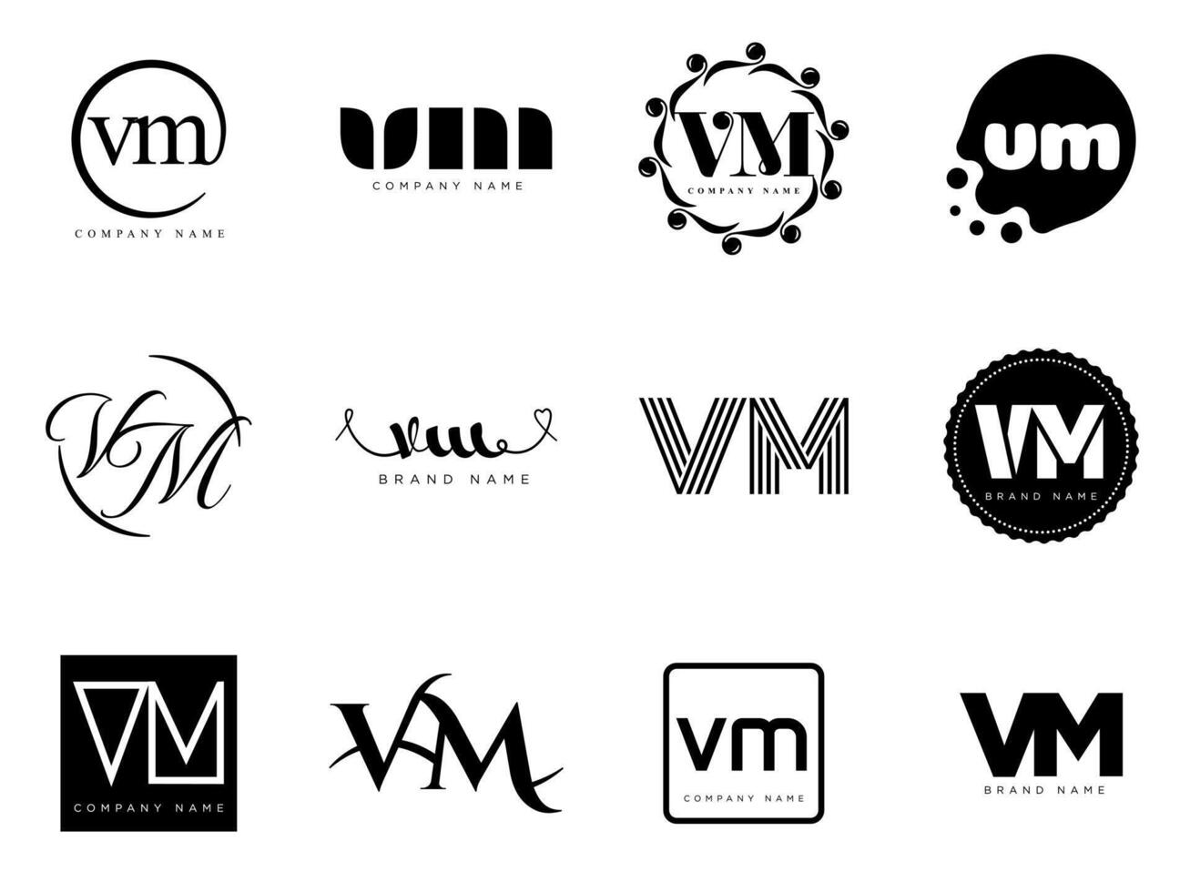VM logo company template. Letter v and m logotype. Set different classic serif lettering and modern bold text with design elements. Initial font typography. vector