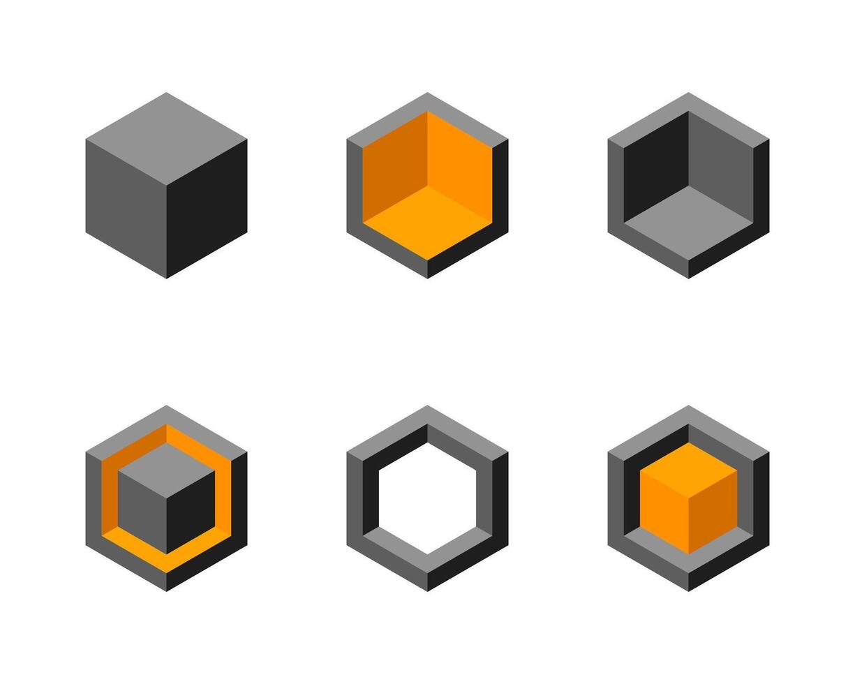 Cube logo, geometric design. Box logotype company, trendy tech emblem in pixel style. vector
