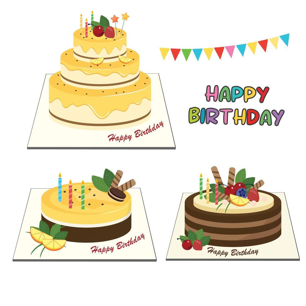 Birthday cake set. Birthday party element. Flat in cartoon style isolated on white background. vector