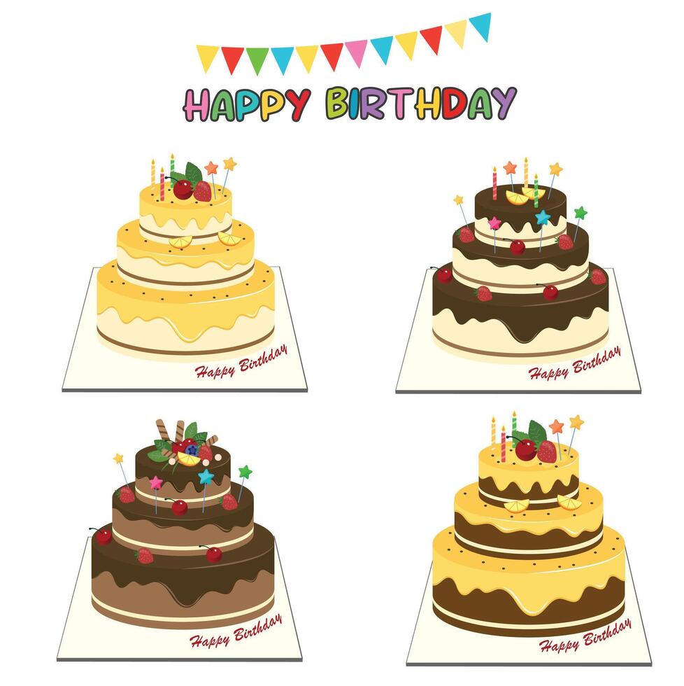 Birthday cake set. Birthday party element. Flat in cartoon style isolated on white background. vector