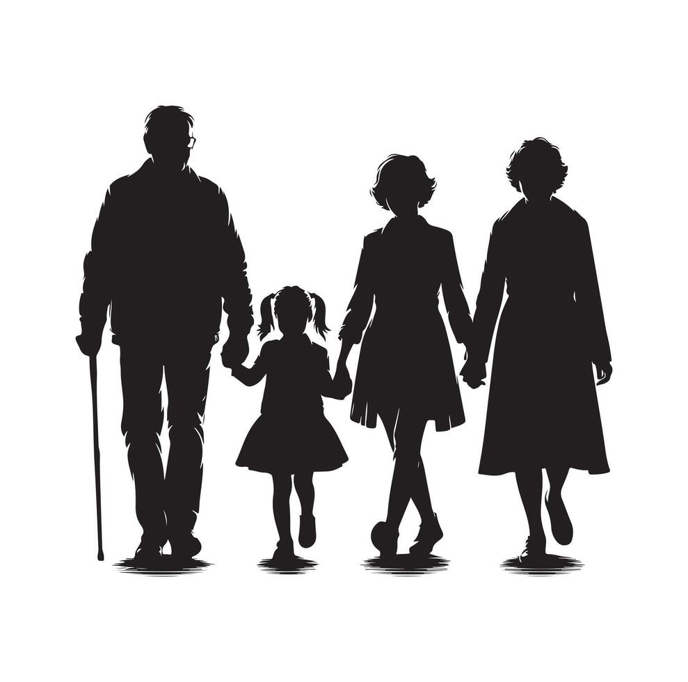 Silhouette of grandparents walking with granddaughter Illustration icon vector