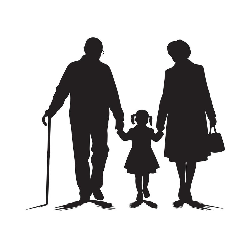 Silhouette of grandparents walking with granddaughter Illustration icon vector