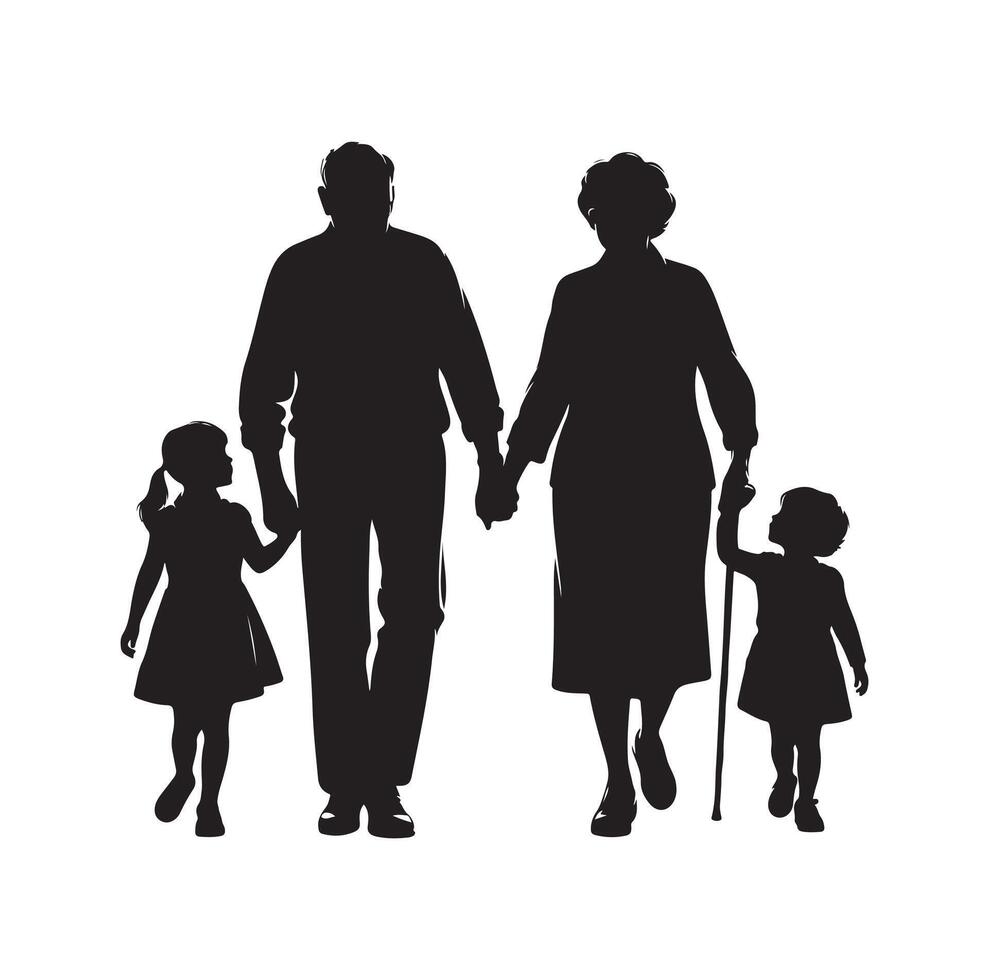 Silhouette of grandparents walking with granddaughter Illustration icon vector
