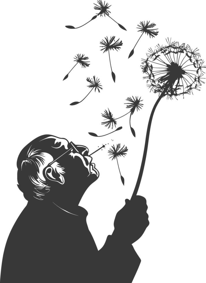 silhouette elderly man blows dandelion flower black color only vector
