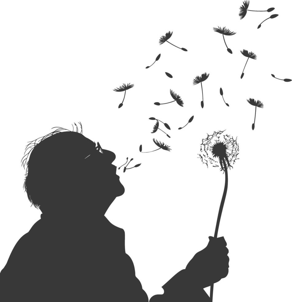 silhouette elderly man blows dandelion flower black color only vector