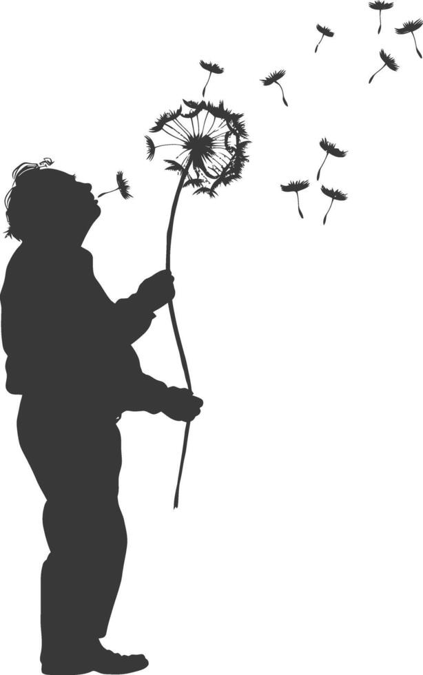 silhouette elderly man blows dandelion flower black color only vector