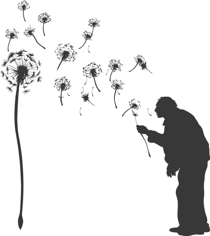 silhouette elderly man blows dandelion flower black color only vector