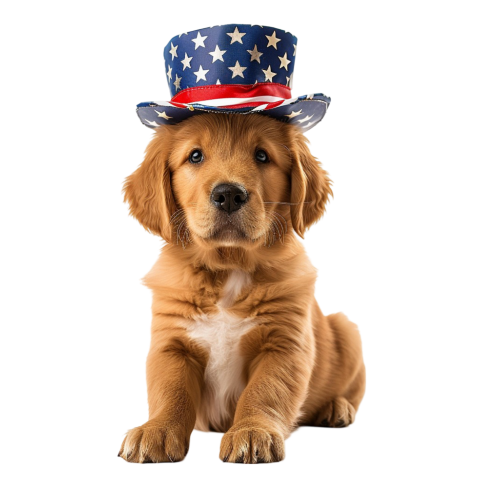 A Golden retriever wearing an american flag hat on a transparent background png