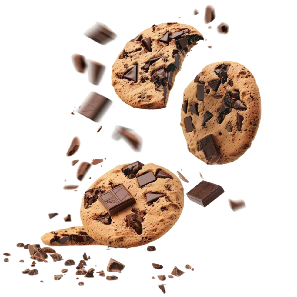 Chocolate chip cookies falling to the ground on a transparent background png