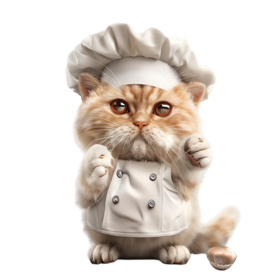 A cat wearing a chef's hat and holding a piece of bread on a transparent background png