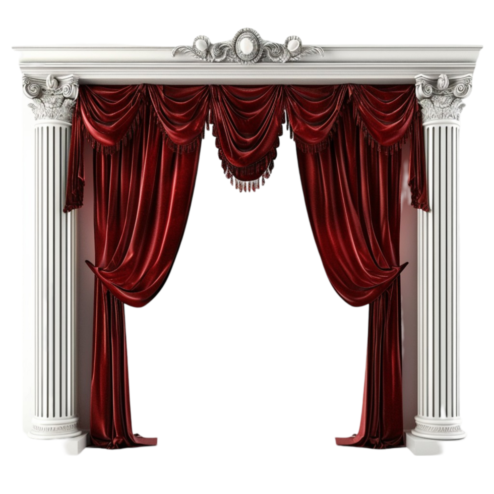 Red curtain with white pillars and red curtains on a transparent background png