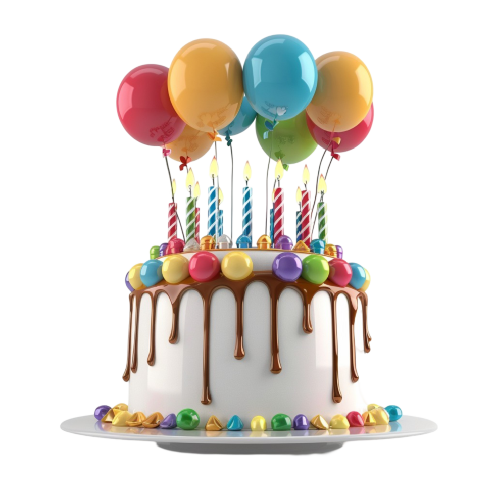 Birthday cake with balloons on a transparent background png