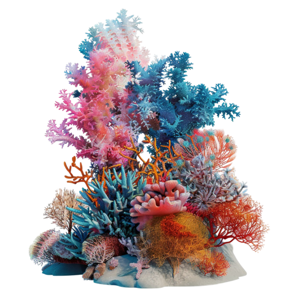 A coral reef with colorful corals and other plants on transparent background png