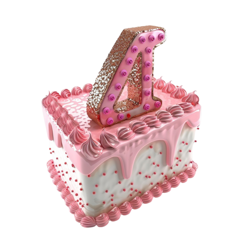 Birthday cake with pink frosting and number four on a transparent background png