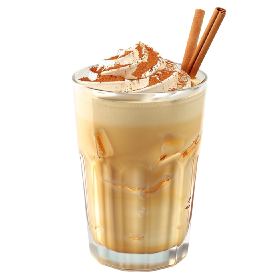 An iced coffee with cinnamon and whipped cream on a transparent background png