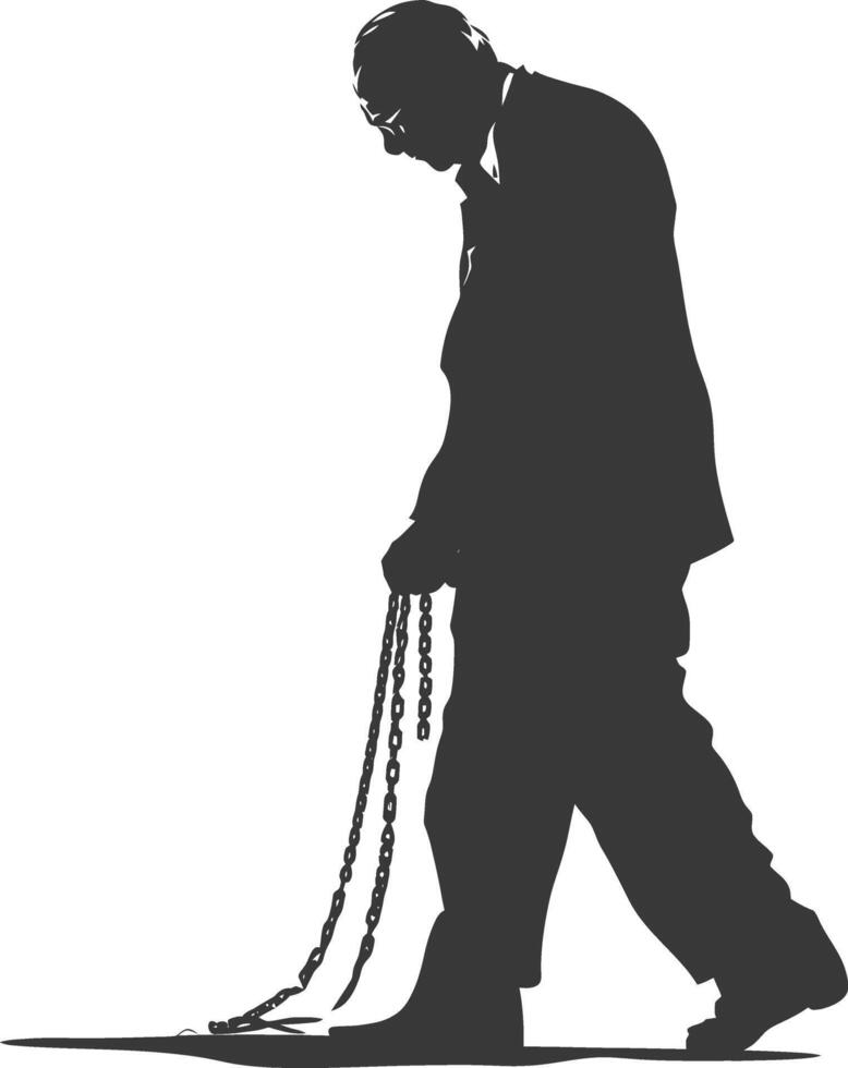 silhouette elderly man slave with shackle full body black color only vector