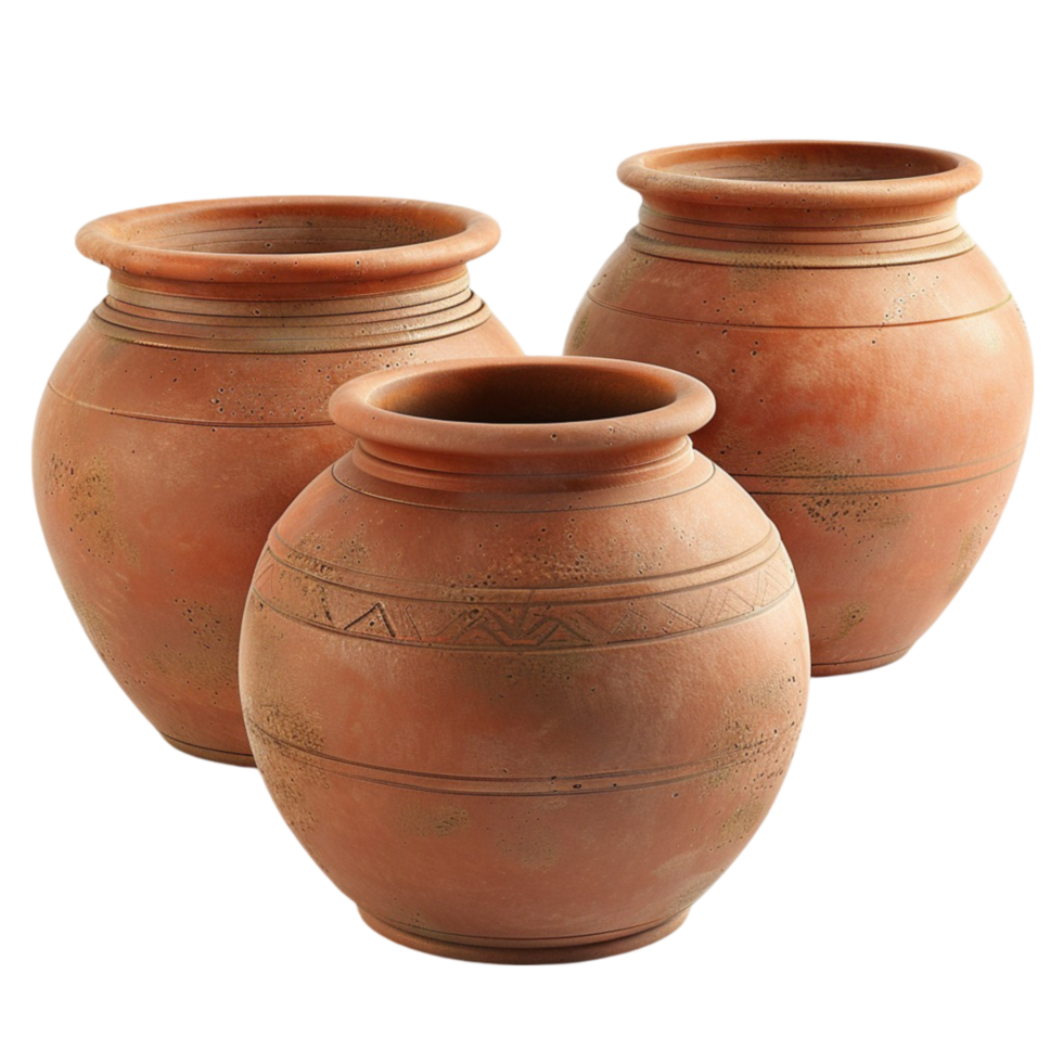 Three clay pots on a transparent background png