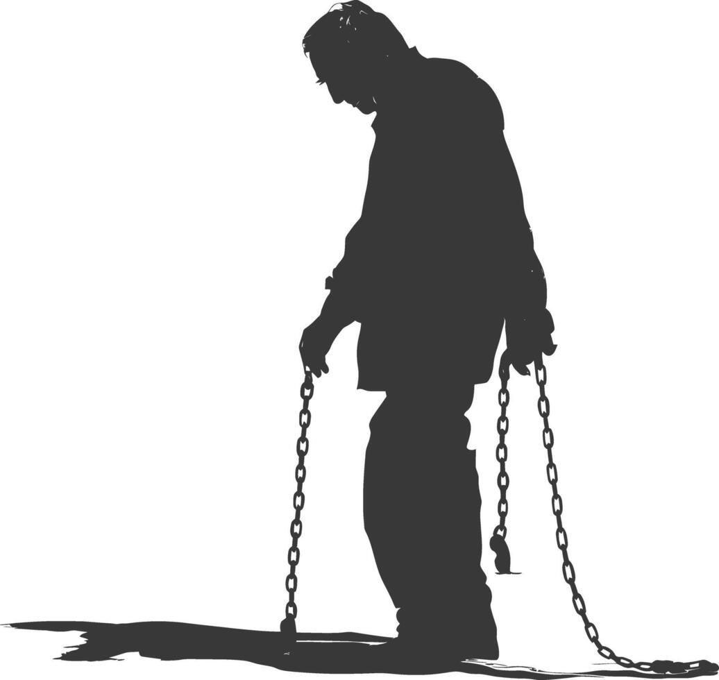 silhouette elderly man slave with shackle full body black color only vector