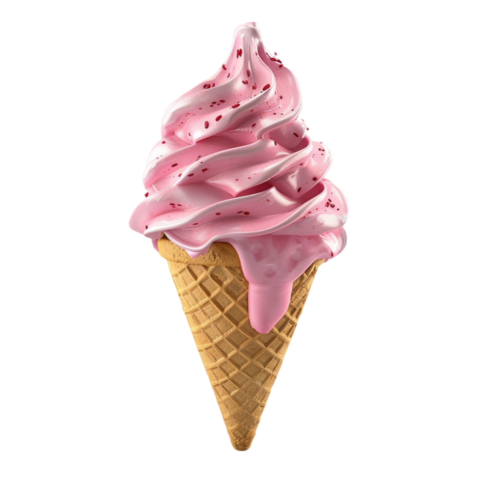 ice cream in waffle cone with pink icing on top on transparent background. png