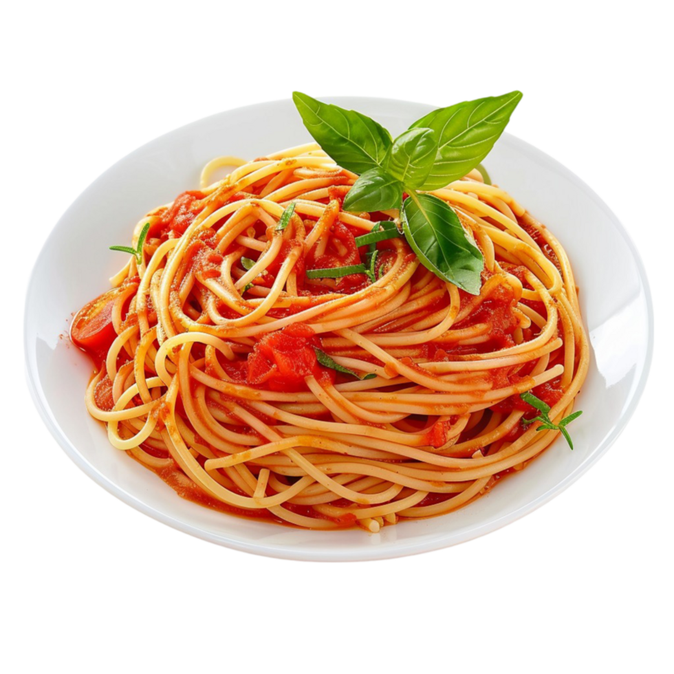 spaghetti with tomato sauce and basil leaf on white plate on transparent background. png