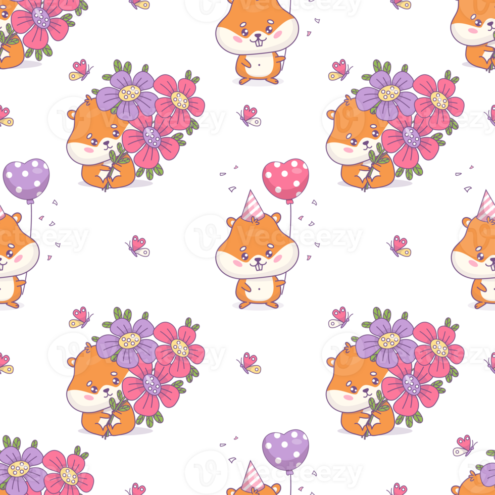 Seamless pattern with hamsters with flowers and balloon. Holiday rodent png