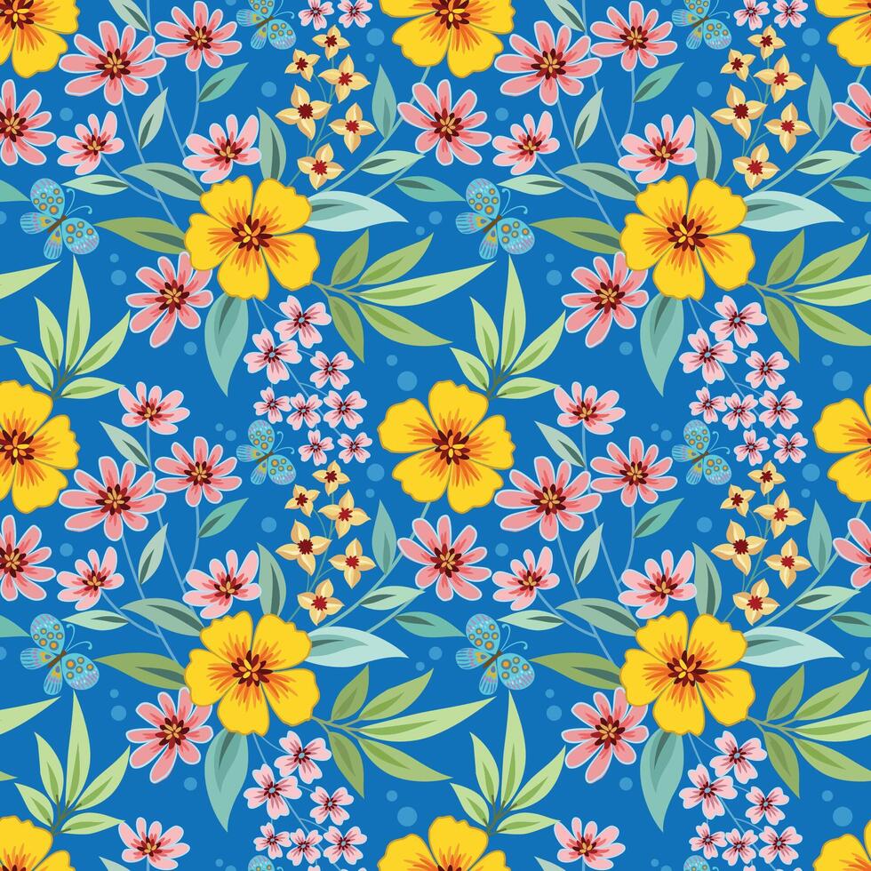Beautiful blooming flowers design on blue color background seamless pattern. vector