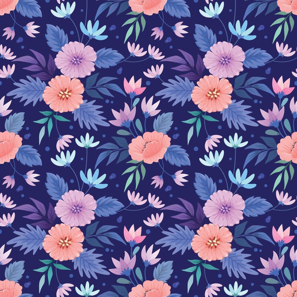Beautiful blooming flowers design on blue color background seamless pattern. vector