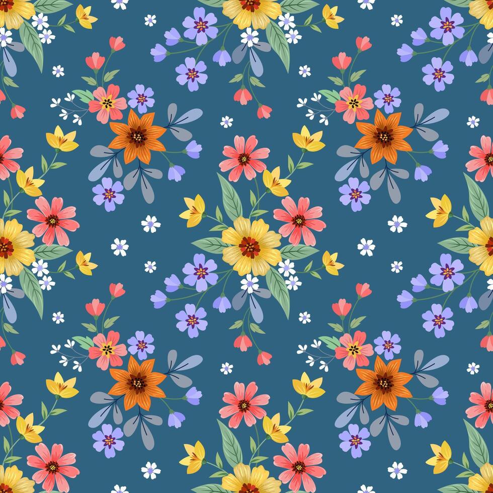 Beautiful blooming flowers design on green color background seamless pattern. vector