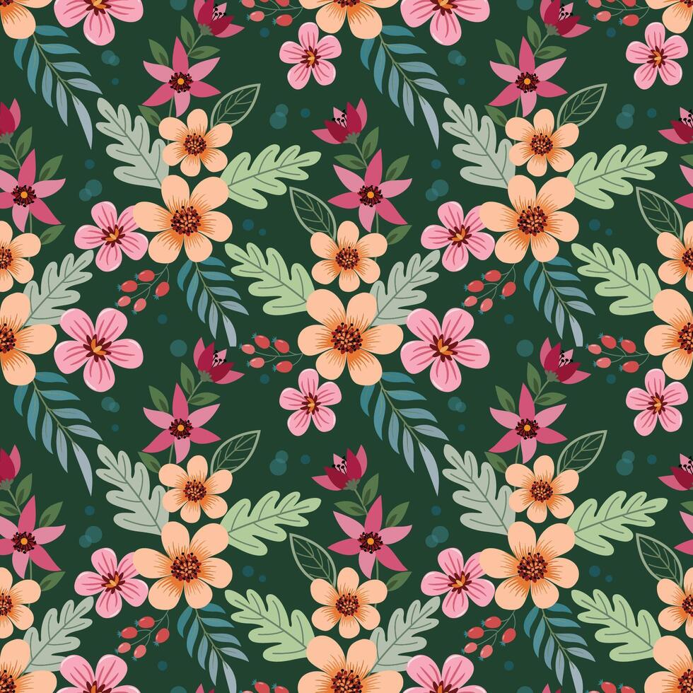 Beautiful blooming flowers design on green color background seamless pattern. vector