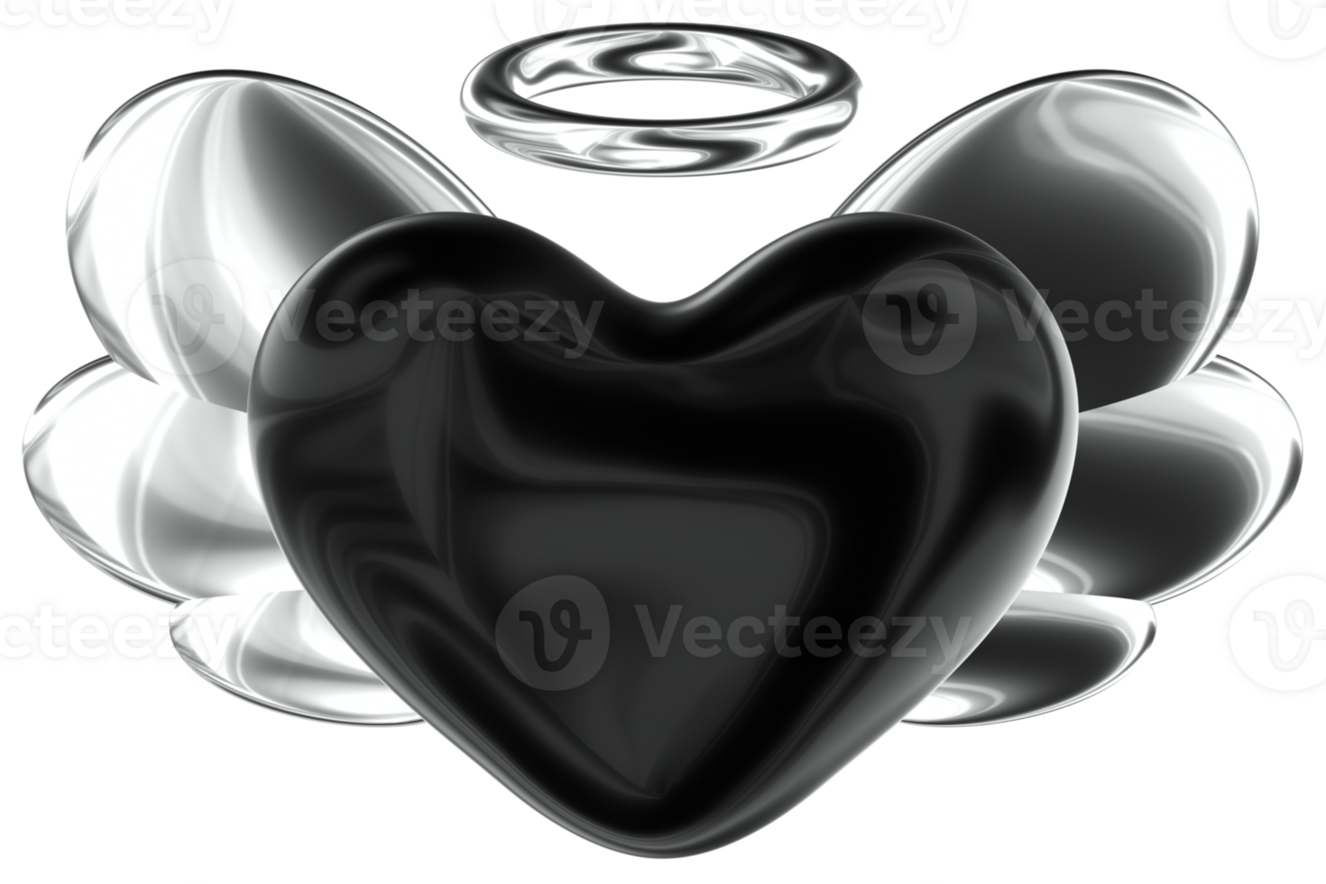 Angel heart 3D Y2K Black Silver Metallic Chrome Illustration