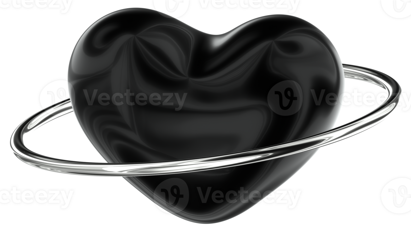 Heart with ring 3D Y2K Black Silver Metallic Chrome Illustration png
