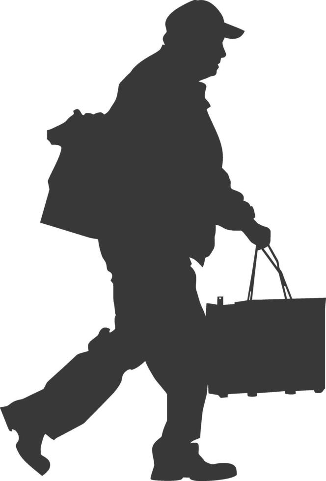 silhouette elderly man carry goods in loader box black color only vector