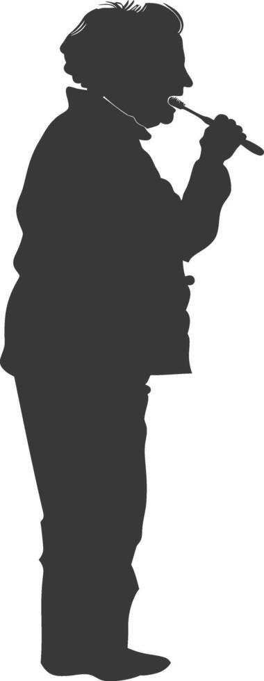 silhouette elderly woman brushing his teeth in front of mirror black color only vector