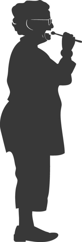silhouette elderly woman brushing his teeth in front of mirror black color only vector