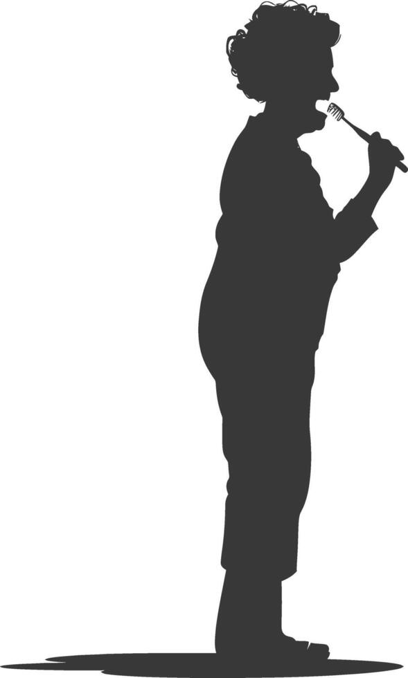 silhouette elderly woman brushing his teeth in front of mirror black color only vector