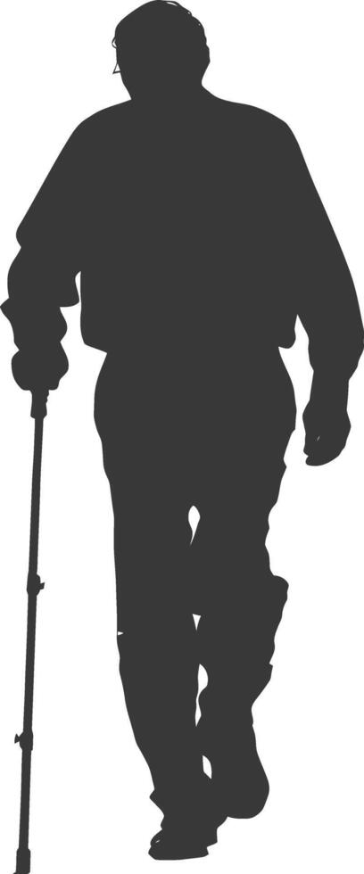 silhouette elderly man with walking stick full body black color only vector